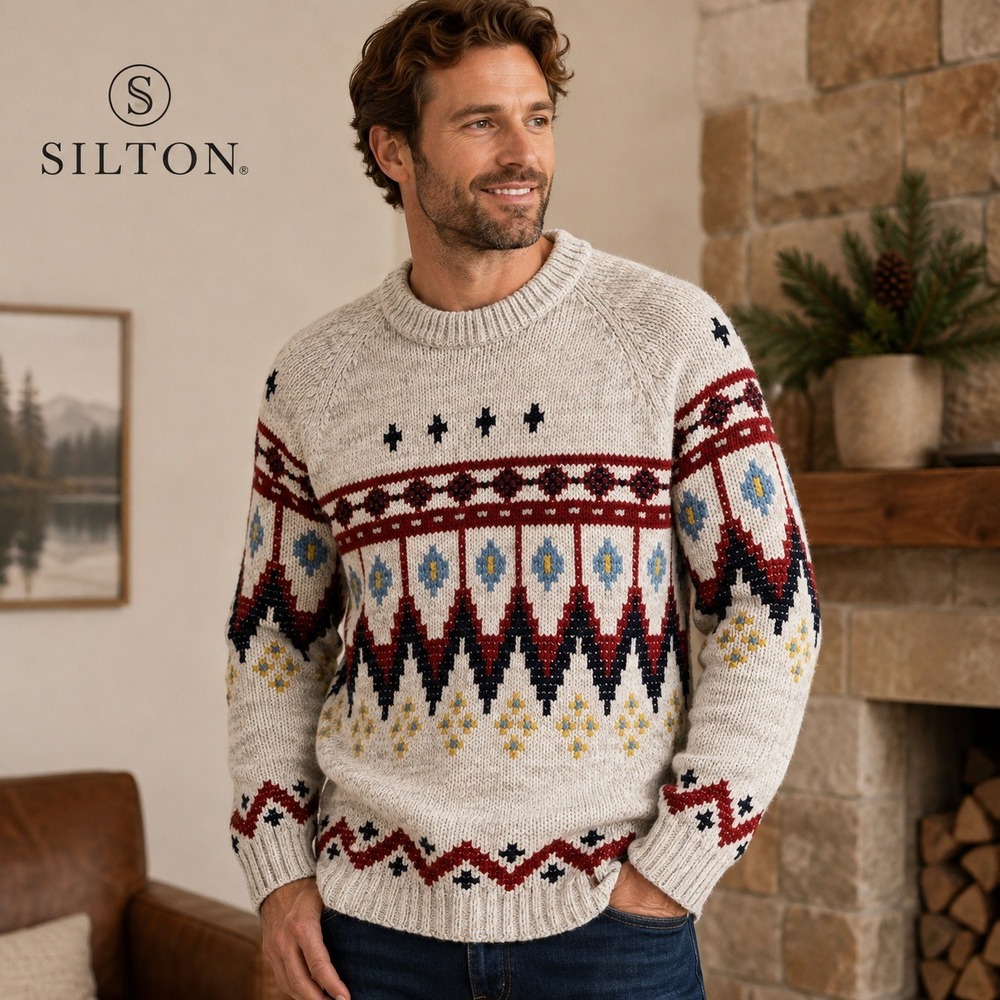 Silton California Mens Vintage Fair Isle Knit Sweater Crew Neck Gray Geometric